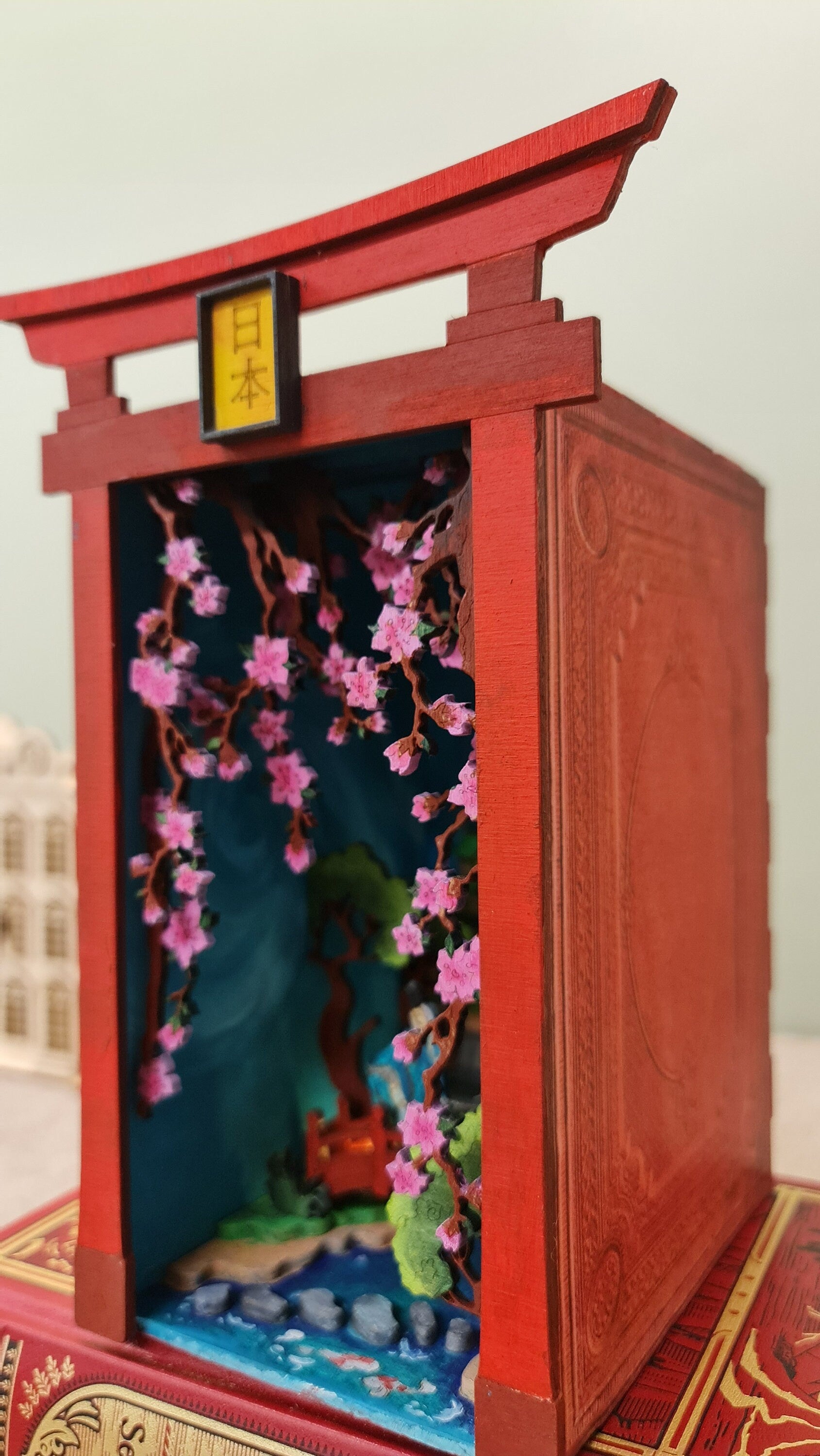 Japanese Book Nook Kit / Bookshelf insert / Bookend Puzzle Hand Painted and Unique