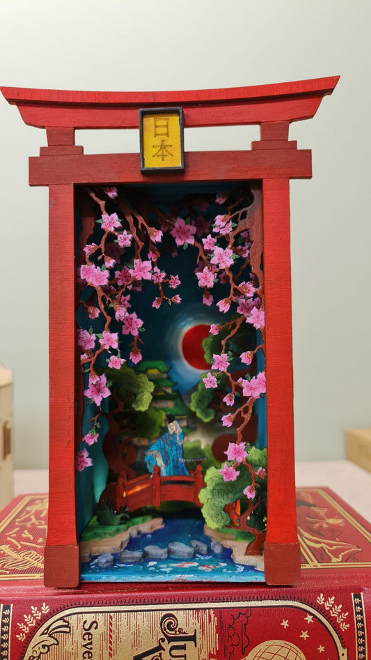 Japanese Book Nook Kit / Bookshelf insert / Bookend Puzzle Hand Painted and Unique