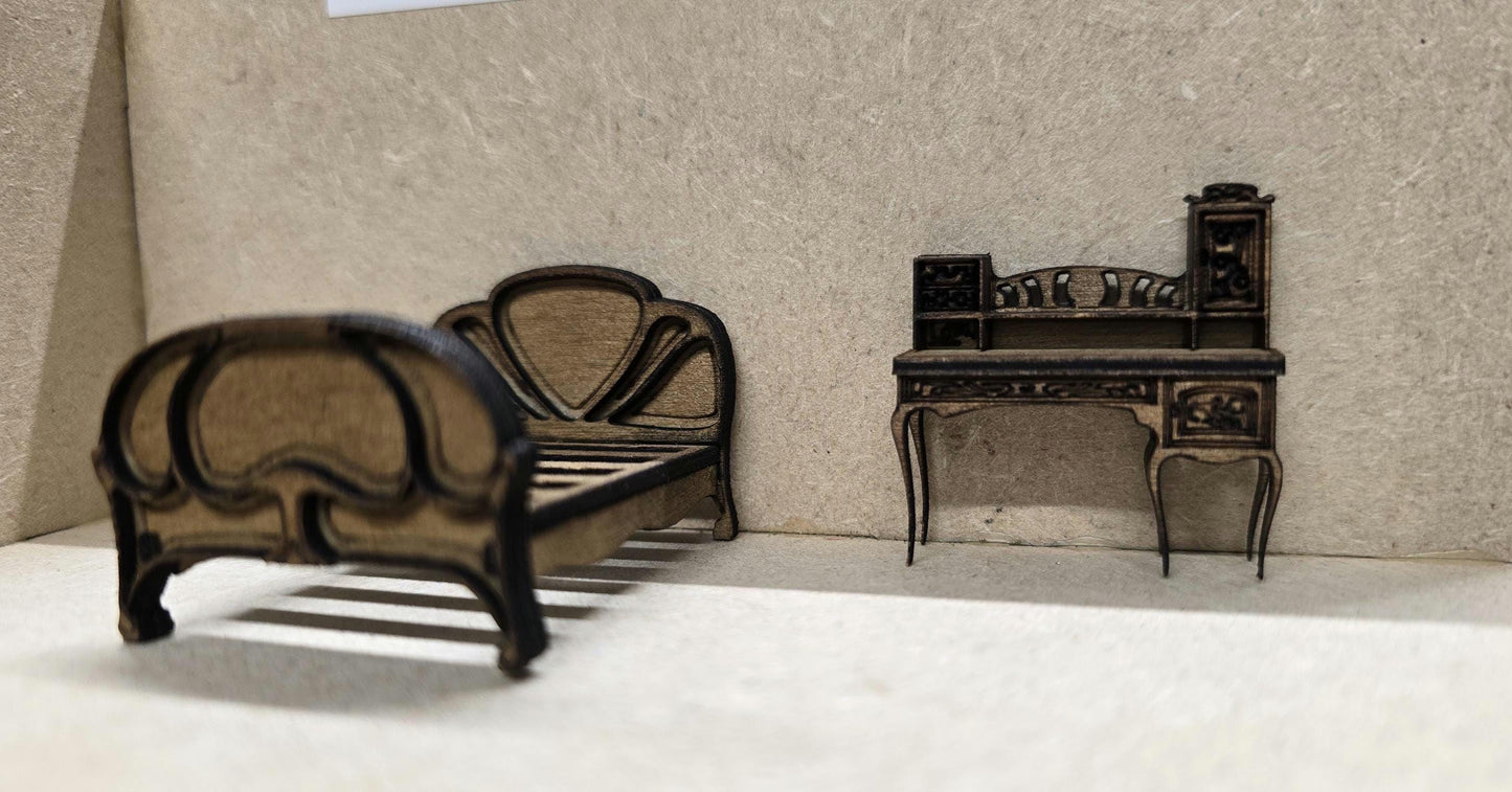 Art Nouveau Bedroom Furniture set Kit 1:48th Scale for dollhouses, miniature houses