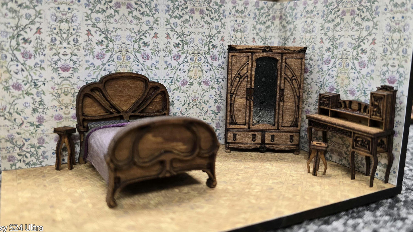 Art Nouveau Bedroom Furniture set Kit 1:48th Scale for dollhouses, miniature houses