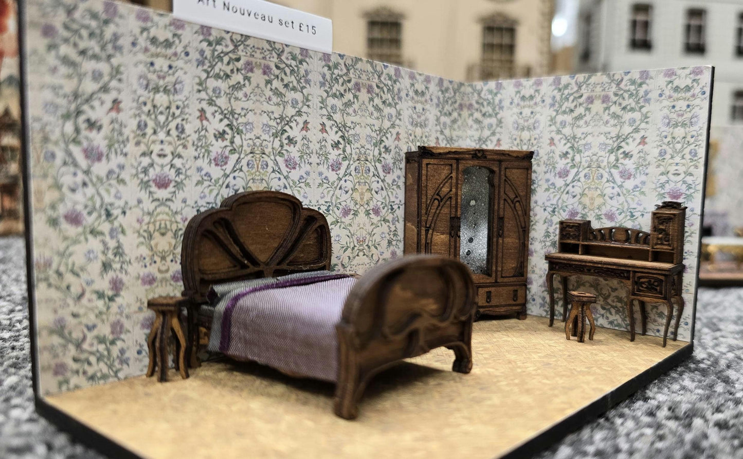 Art Nouveau Bedroom Furniture set Kit 1:48th Scale for dollhouses, miniature houses
