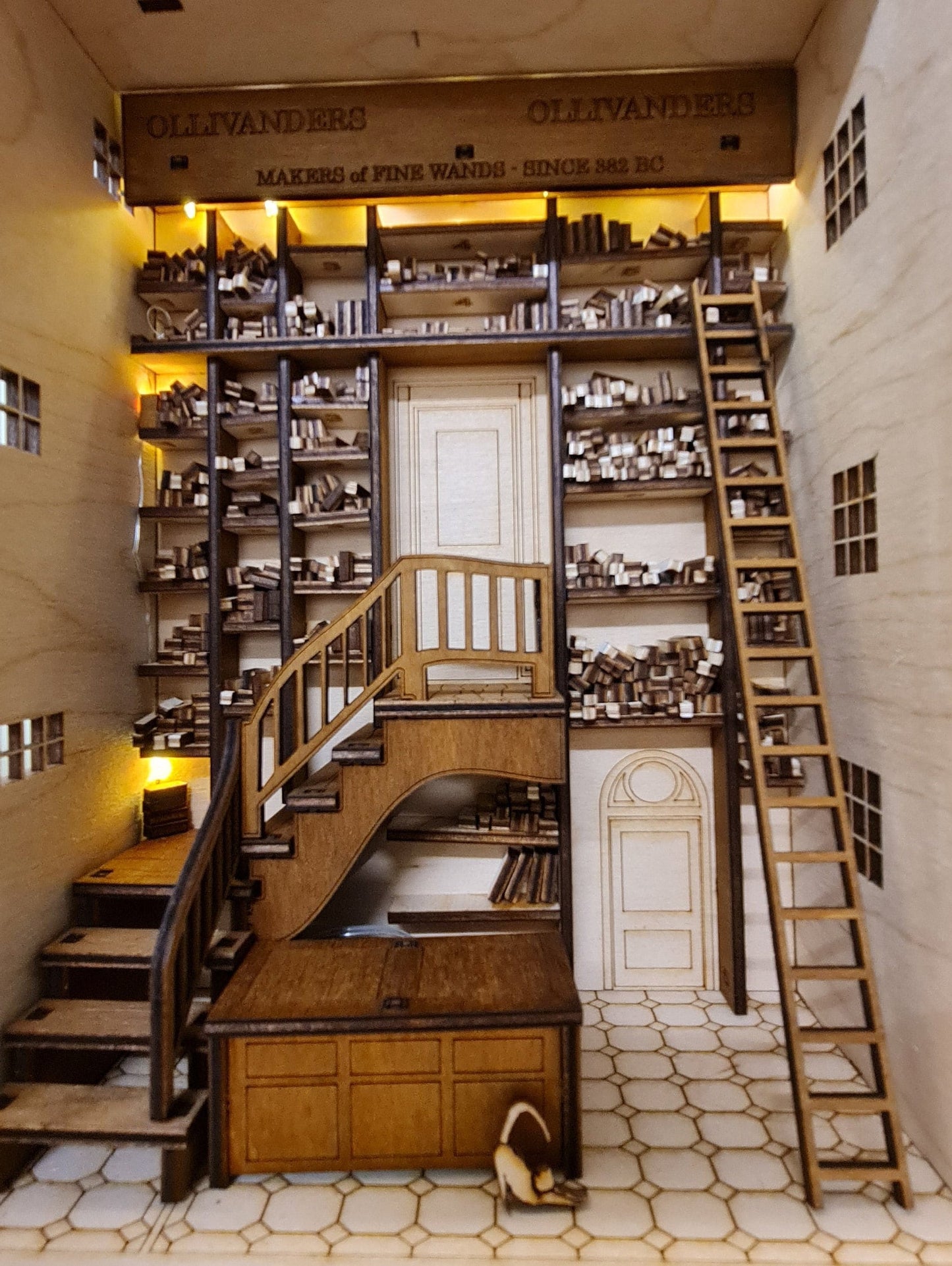 The "Magic Wand Shop", Interior with stairs, laser and desk